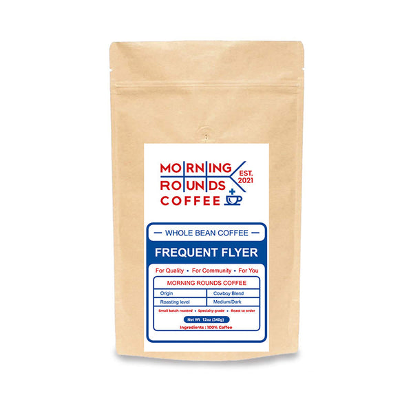 morning rounds coffee - most popular coffee - THE FREQUENT FLYER - Medium/Dark roast - Blend  Tasting profile: Cocoa, caramel, & vanilla tones - whole bean coffee