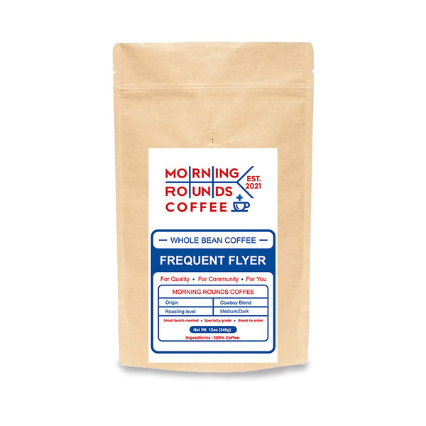 morning rounds coffee - most popular coffee - THE FREQUENT FLYER - Medium/Dark roast - Blend  Tasting profile: Cocoa, caramel, & vanilla tones - whole bean coffee