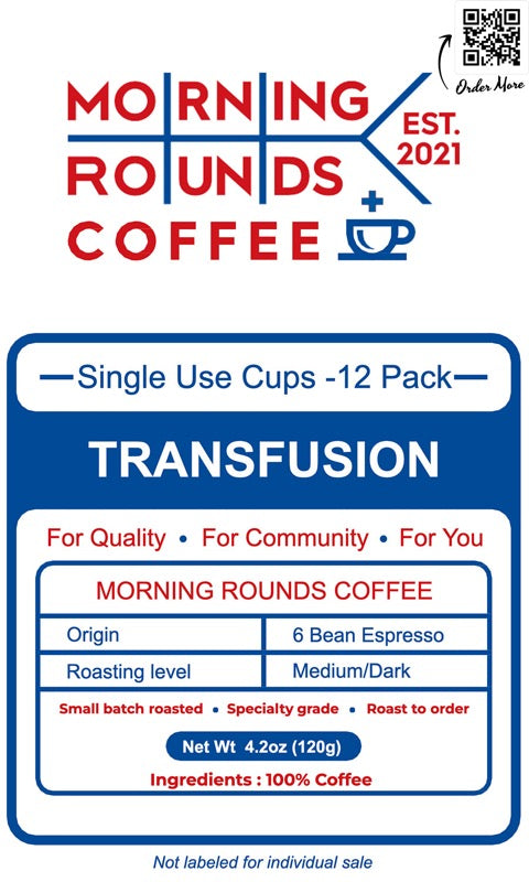 TRANSFUSION Ground Coffee - Dark Roast - 6 Bean Espresso Blend from around the world!  Tasting Profile: Smooth body with moderate acidity. Complex yet offers an even crema.   - coffee - morning rounds coffee - 6 bean espresso blend - single cup coffee - k cup