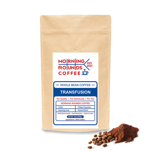TRANSFUSION Coffee - Dark Roast - 6 Bean Espresso Blend from around the world!  Tasting Profile: Smooth body with moderate acidity. Complex yet offers an even crema.   - coffee - morning rounds coffee - 6 bean espresso blend - whole bean coffee